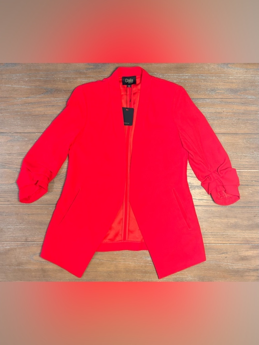 Dalia Vibrant Red Open-Front Blazer with Ruched Sleeves